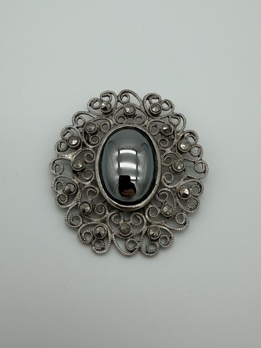 Large Hematite Cabochon Filigree Brooch
